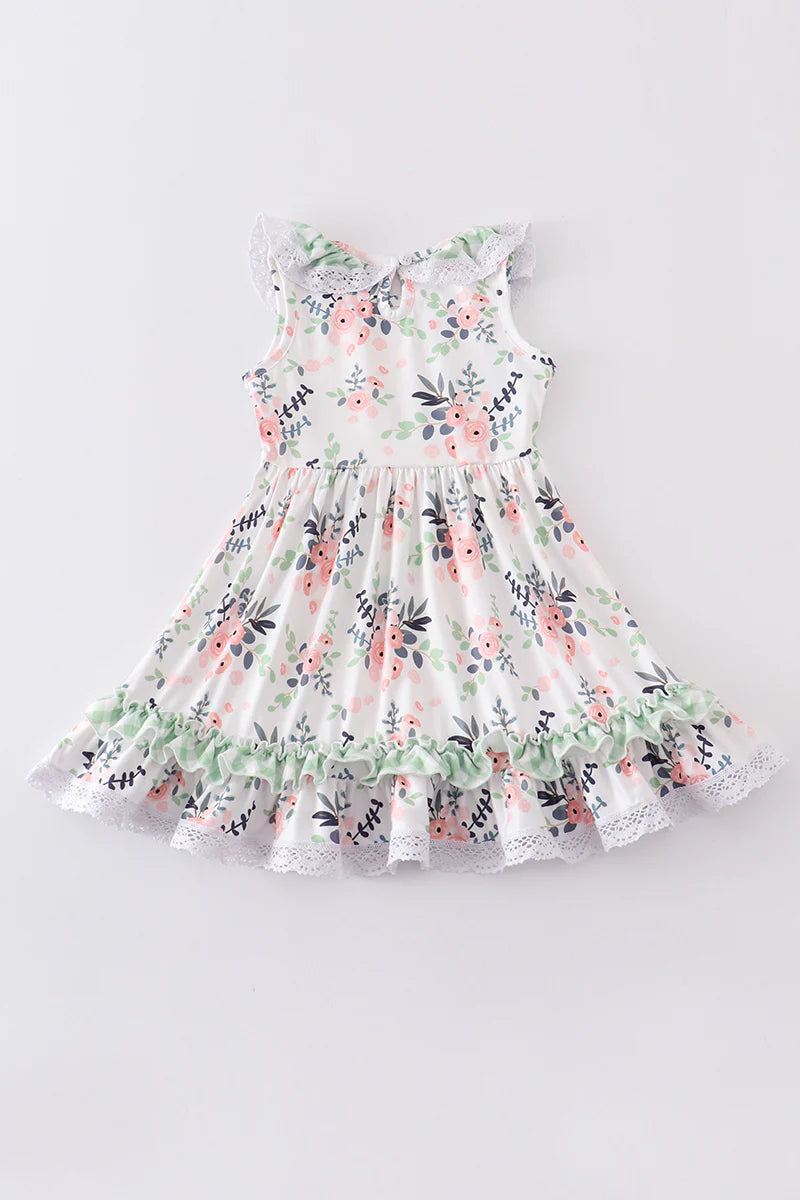 Cream Floral Ruffle Dress